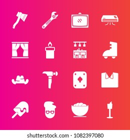 Premium set with fill vector icons. Such as new, hammer, headwear, white, conditioning, bottle, game, fashion, air, wine, graphic, ice, entertainment, dish, poker, candle, axe, wrench, style, clothing