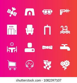 Premium set with fill vector icons. Such as retail, fireplace, weapon, cart, warm, music, trolley, contact, family, lift, flower, fire, fashion, war, person, social, sign, science, crane, spring, food