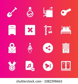 Premium set with fill vector icons. Such as construction, sign, birthday, work, shovel, business, technology, interior, building, fun, add, medicine, house, bedroom, winner, table, media, travel, tool
