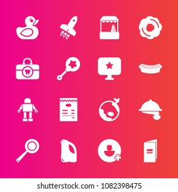 Premium set with fill vector icons. Such as doughnut, machine, shop, food, flight, plane, toy, brush, market, grocery, world, supermarket, duck, add, cooking, sweet, menu, store, utensil, dessert, can