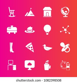 Premium set with fill vector icons. Such as office, globe, planet, home, baby, bird, pacifier, headwear, work, white, child, parachute, lunch, element, pizza, cleaner, broom, footwear, cloud, clothing