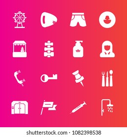 Premium set with fill vector icons. Such as needle, elevator, fashion, key, call, nation, country, fitness, hygiene, fork, supermarket, market, profile, shop, human, patriotism, grocery, guitar, gym
