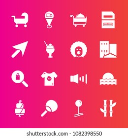 Premium set with fill vector icons. Such as location, data, kid, nature, sunrise, clothes, pie, carriage, save, asia, ping, sunset, sport, pin, fashion, sign, light, clothing, cursor, restaurant, cake