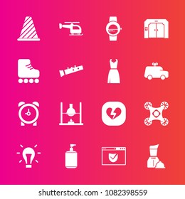 Premium set with fill vector icons. Such as alarm, sport, idea, bulb, web, time, restaurant, science, fun, research, street, food, transport, drone, chemistry, gadget, traffic, internet, waiter, smart