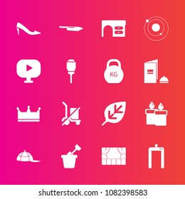 Premium set with fill vector icons. Such as sand, crown, play, office, nature, decoration, planet, machine, desk, system, summer, space, child, galaxy, media, table, kitchen, leaf, candle, fire, wax