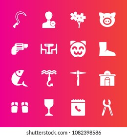 Premium set with fill vector icons. Such as fish, agriculture, repair, hook, blossom, delete, wine, real, sakura, book, piglet, sea, swine, alcohol, industrial, flip, reparation, account, fashion