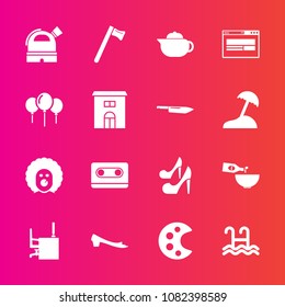 Premium set with fill vector icons. Such as office, holiday, drink, observatory, spanner, high, palette, breakfast, wine, wrench, footwear, desk, scary, work, cassette, clown, hot, food, circus, tape