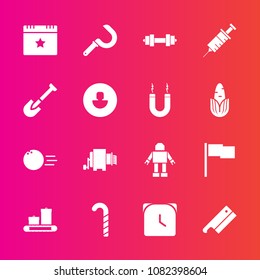 Premium set with fill vector icons. Such as clinic, drill, fitness, lollipop, tool, sickle, bowling, fun, equipment, food, sweet, celebration, meat, watch, flag, hour, farming, bag, machine, candy