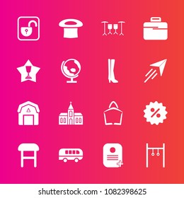 Premium set with fill vector icons. Such as achievement, interior, briefcase, business, religion, natural, transport, building, price, road, identity, sport, staple, chair, , wood, barn, comfortable