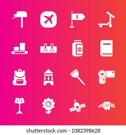 Premium set with fill vector icons. Such as school, post, food, photographer, jar, mailbox, money, photo, space, plane, test, transport, flower, planet, floral, music, jam, nature, luggage, mail, box