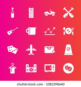 Premium set with fill vector icons. Such as gambling, calendar, musical, oar, speaker, airplane, hanger, travel, kitchen, equipment, laboratory, traffic, casino, water, oven, guitar, home, video, bag