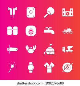 Premium set with fill vector icons. Such as card, poker, memory, speaker, wand, photo, crab, flash, gadget, sea, leisure, construction, tennis, snow, camera, smart, equipment, technology, kimono, time