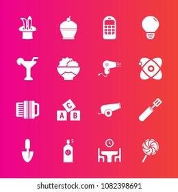 Premium set with fill vector icons. Such as drink, cannon, accordion, cake, paint, white, telephone, energy, alphabet, shovel, alcohol, sweet, weapon, agriculture, family, phone, abc, rice, grain, gun