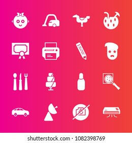 Premium set with fill vector icons. Such as housework, move, radio, bus, kid, highway, vacuum, direction, bowling, home, play, signal, magnifier, conditioning, conditioner, left, photo, child, sport