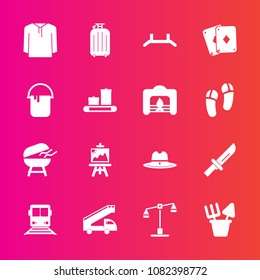 Premium set with fill vector icons. Such as balance, transportation, drawing, justice, transport, jacket, bbq, barbecue, up, law, background, poker, judge, travel, truck, luggage, house, cooking, bag