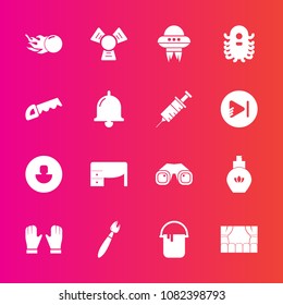 Premium set with fill vector icons. Such as brush, bell, paint, alien, house, binocular, astronomy, construction, beauty, technology, space, cold, aroma, saw, profile, dentist, glove, equipment, comet