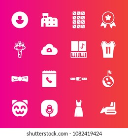 Premium set with fill vector icons. Such as animal, dress, kitty, earth, planet, construction, microphone, phone, achievement, belt, elegance, dessert, fashion, space, sound, tie, radio, winner, award