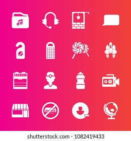 Premium set with fill vector icons. Such as drink, old, microphone, grocery, equipment, motel, clinic, speaker, speech, kitchen, label, planet, stone, conditioner, water, video, market, music, oven
