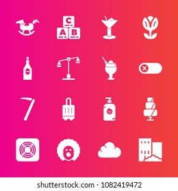 Premium set with fill vector icons. Such as holiday, childhood, wrench, clown, food, bag, scary, fan, doughnut, sign, duck, hammer, dessert, sweet, travel, character, bar, soap, cloud, baby, play, kid
