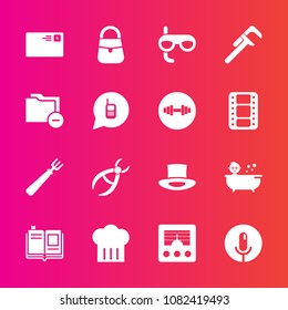 Premium set with fill vector icons. Such as industrial, textbook, dinner, scuba, reparation, literature, shower, mail, antenna, sound, drill, spoon, dentistry, record, baby, letter, voice, bag, radio