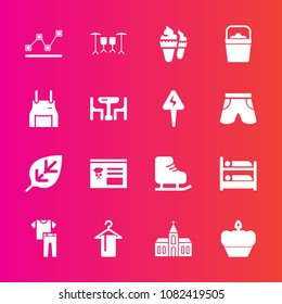 Premium set with fill vector icons. Such as pinafore, chart, natural, ice, religion, data, water, handle, dessert, hostel, graph, collection, stats, architecture, drum, leaf, clothing, fashion, bucket