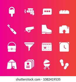 Premium set with fill vector icons. Such as schedule, chat, business, clock, fashion, healthy, time, camp, outdoor, play, pistol, water, calendar, gun, air, filter, identity, sign, card, apple, bag