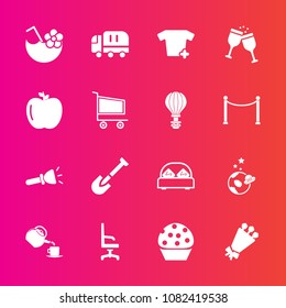 Premium set with fill vector icons. Such as construction, transport, drink, cocktail, science, doughnut, furniture, car, shirt, double, astronaut, flower, shovel, flashlight, tool, juice, comfortable