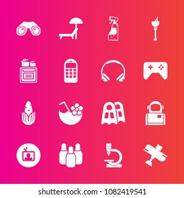 Premium set with fill vector icons. Such as fresh, ice, healthy, food, binocular, chair, television, microscope, sunbed, summer, umbrella, drink, water, screen, alcohol, flight, tv, corn, cocktail