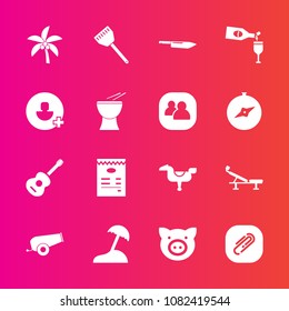 Premium set with fill vector icons. Such as happy, seat, kitchen, glass, percussion, play, pig, white, group, kid, sign, swine, cooking, child, beach, gun, musical, paperclip, island, paper, pork, add