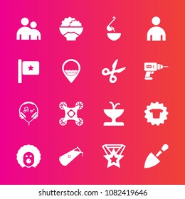Premium set with fill vector icons. Such as grain, food, audio, construction, human, shirt, tool, architecture, camera, fountain, spoon, sound, clown, meal, dinner, rice, technology, people, science