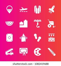 Premium set with fill vector icons. Such as plastic, palette, style, play, bar, travel, jacket, wheelchair, outfit, airplane, location, transport, toy, sign, footwear, poker, coat, food, airport, game