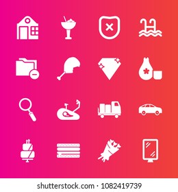 Premium set with fill vector icons. Such as direction, pie, business, snack, burger, bicycle, bike, water, dessert, left, safety, pool, protection, alcohol, truck, bouquet, sandwich, drink, food, zoom
