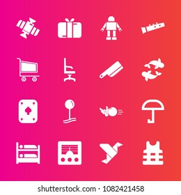 Premium set with fill vector icons. Such as retail, machine, cart, radio, box, planet, play, jacket, signal, weather, present, safety, ball, antenna, hostel, art, sound, rain, map, market, poker, game