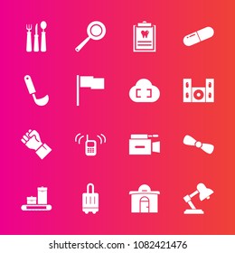 Premium set with fill vector icons. Such as bag, phone, microphone, medicine, baggage, patient, finger, people, call, building, airport, real, luggage, medical, pan, camera, travel, clinic, television