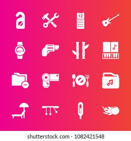Premium set with fill vector icons. Such as chair, musical, gadget, motel, folder, smart, thermometer, space, comet, white, business, pendulum, technology, knife, calendar, wrench, photographer, spoon