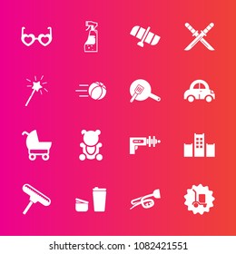 Premium set with fill vector icons. Such as drink, cargo, trumpet, orbit, child, package, spray, housework, bear, samurai, bottle, baby, sugar, teddy, cafe, brush, vacation, weapon, pram, fashion, bed