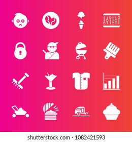 Premium set with fill vector icons. Such as kid, grass, child, equipment, coffee, travel, cream, caffeine, doughnut, trailer, bar, gardening, business, sad, restaurant, garden, alcohol, cocktail, ice