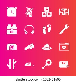 Premium set with fill vector icons. Such as power, mill, infant, nature, internet, clock, bamboo, plant, headwear, asia, sign, watch, hour, baby, minute, hat, fire, bag, toy, kid, child, clothing, add