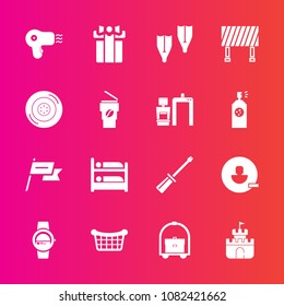 Premium set with fill vector icons. Such as present, store, background, basket, summer, vacation, dryer, sign, remove, time, hostel, white, repair, country, celebration, hairdryer, underwater, sea
