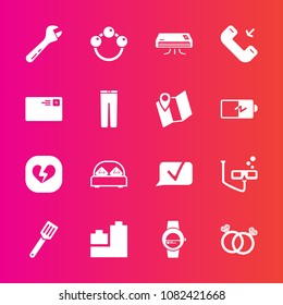 Premium set with fill vector icons. Such as broken, smart, bed, bedroom, heart, child, ring, phone, toy, hammer, time, watch, double, baby, wedding, gadget, play, scuba, cooking, chat, call, diamond