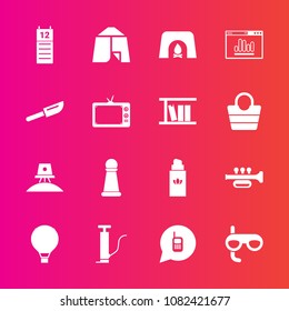 Premium set with fill vector icons. Such as ringing, extreme, communication, fireplace, piece, scuba, home, perfume, sound, jump, outdoor, trumpet, bottle, sign, telephone, adventure, pump, fashion