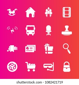 Premium set with fill vector icons. Such as rocket, cart, baby, sea, spaceship, package, bow, mask, film, toy, ecology, sun, house, zoom, summer, glass, business, energy, space, document, real, food