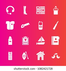 Premium set with fill vector icons. Such as book, ship, agenda, animal, music, internet, dentist, bottle, river, perfume, transportation, headphone, clinic, real, directory, news, activity, love, dove