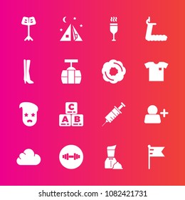 Premium set with fill vector icons. Such as clinic, alcohol, retro, dentistry, orchestra, fitness, add, sport, dentist, cloud, play, drink, outdoor, footwear, medical, childhood, gym, tent, glass, kid