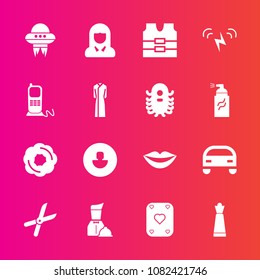 Premium set with fill vector icons. Such as cake, strategy, ecology, car, beauty, jacket, piece, vest, chess, young, lips, ufo, poker, vehicle, safety, female, woman, technology, game, profile, cut