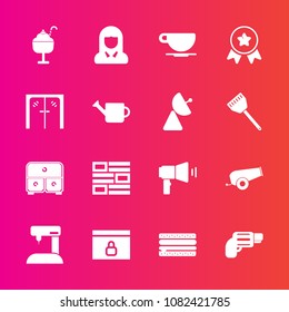 Premium set with fill vector icons. Such as cheeseburger, snack, gun, firearm, face, sweet, food, cup, sew, glass, ice, winner, dessert, coffee, place, drink, lady, lock, web, news, equipment, award