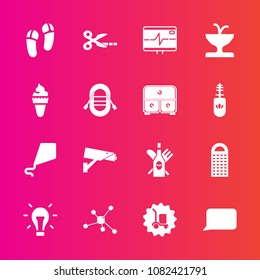 Premium set with fill vector icons. Such as fun, safety, sign, architecture, joy, technology, cheese, health, sky, cooking, footwear, molecule, pulse, tool, talk, bulb, energy, fountain, chemistry