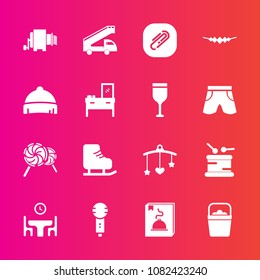 Premium set with fill vector icons. Such as sweet, musical, transportation, pasta, winter, headwear, voice, music, clip, table, accessory, water, sport, family, style, jewelry, paper, song, lollipop