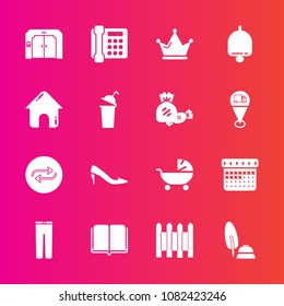 Premium set with fill vector icons. Such as wall, female, fashion, royal, calendar, clothes, book, pants, change, phone, bell, education, protection, sign, crown, barrier, queen, clothing, ink, shoe