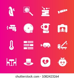 Premium set with fill vector icons. Such as gun, drum, sign, child, music, love, carriage, tow, game, furniture, chair, accident, newspaper, toy, children, magnifier, vehicle, disc, news, kid, hat, cd